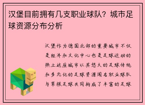 汉堡目前拥有几支职业球队？城市足球资源分布分析