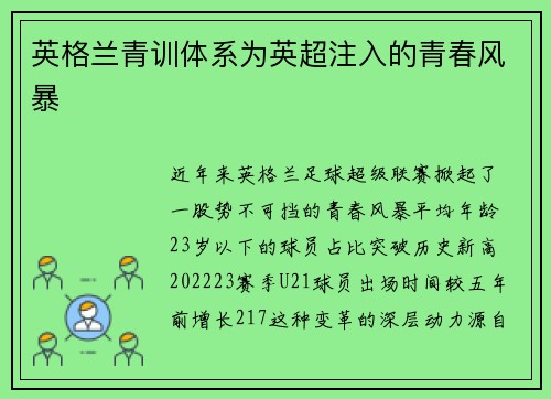 英格兰青训体系为英超注入的青春风暴