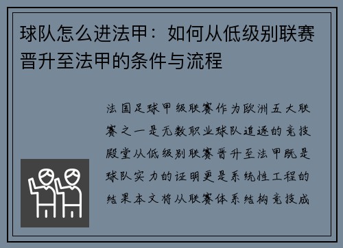 球队怎么进法甲：如何从低级别联赛晋升至法甲的条件与流程